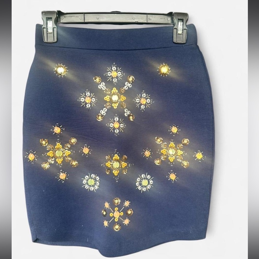 Embellished Navy Pencil Skirt with Gold Accent